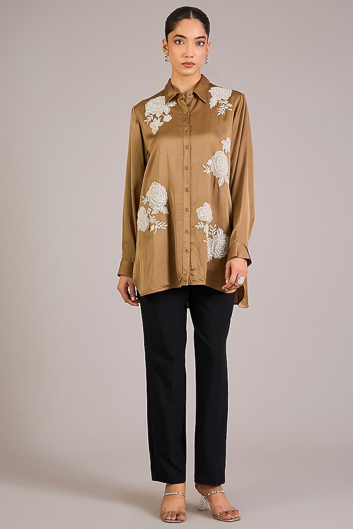 Khaki Modal Linen Shirt by Namrata Joshipura at Pernia's Pop Up Shop