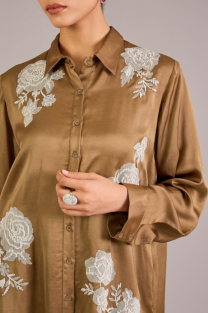 Khaki Modal Linen Shirt by Namrata Joshipura at Pernia's Pop Up Shop