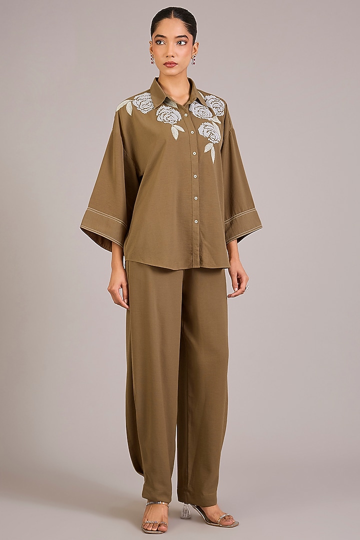 Khaki Twill Georgette Co-Ord Set by Namrata Joshipura at Pernia's Pop Up Shop