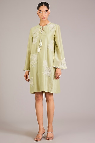 Mint Green Chanderi Silk Mini Dress by Namrata Joshipura
