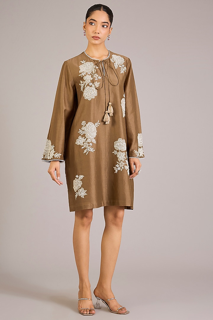 Khaki Chanderi Silk Mini Cocktail Dress by Namrata Joshipura at Pernia's Pop Up Shop