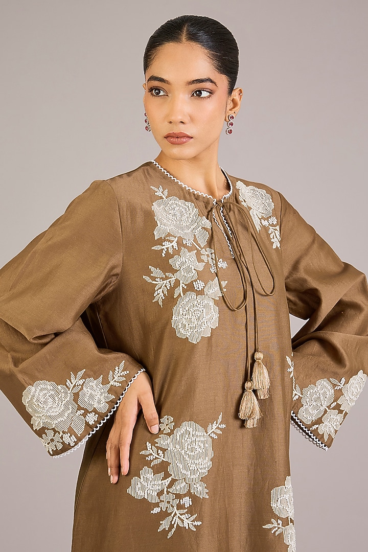 Khaki Chanderi Silk Mini Cocktail Dress by Namrata Joshipura at Pernia's Pop Up Shop