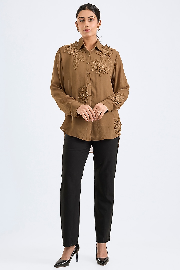 Khaki Georgette Boxy Shirt by Namrata Joshipura at Pernia's Pop Up Shop