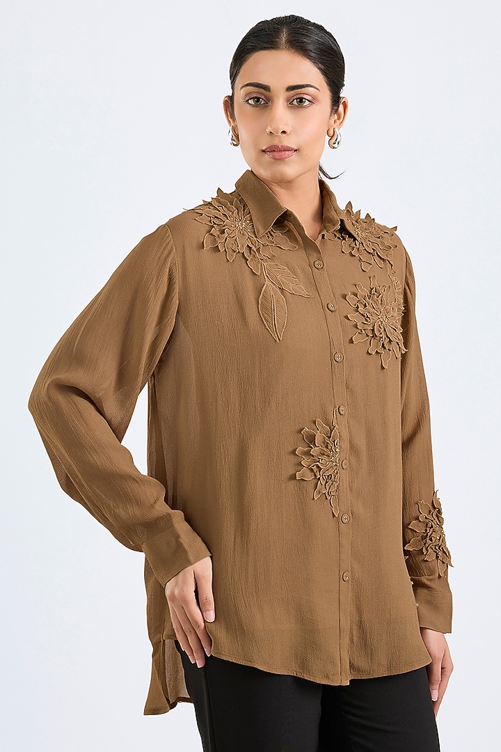 Khaki Georgette Boxy Shirt by Namrata Joshipura at Pernia's Pop Up Shop