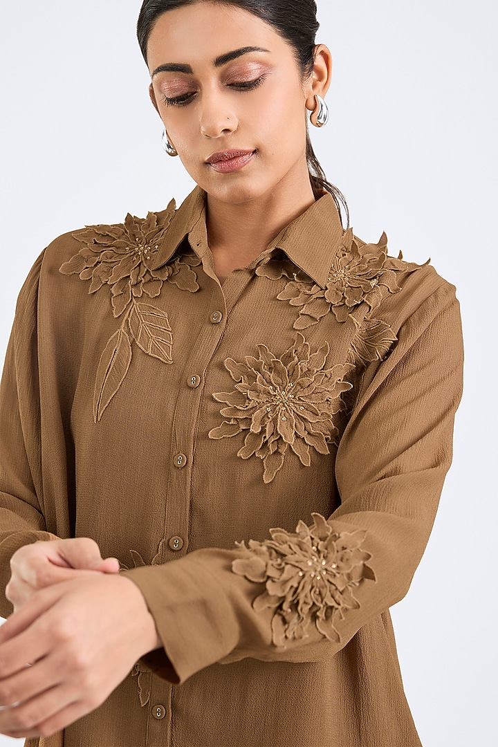 Khaki Georgette Boxy Shirt by Namrata Joshipura at Pernia's Pop Up Shop