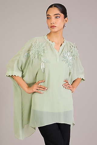 Mint Green Georgette Floral Embellished Top by Namrata Joshipura