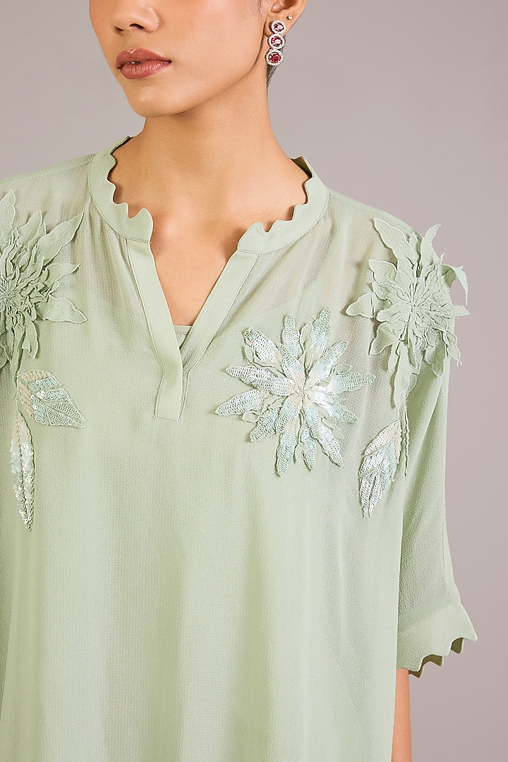 Mint Green Georgette Floral Embellished Top by Namrata Joshipura at Pernia's Pop Up Shop