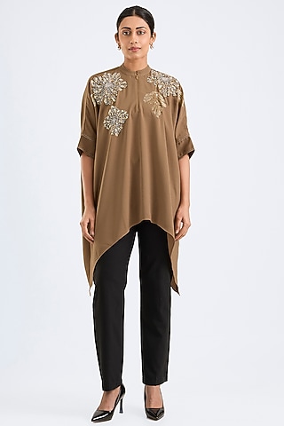 Khaki Twill Georgette Tunic by Namrata Joshipura