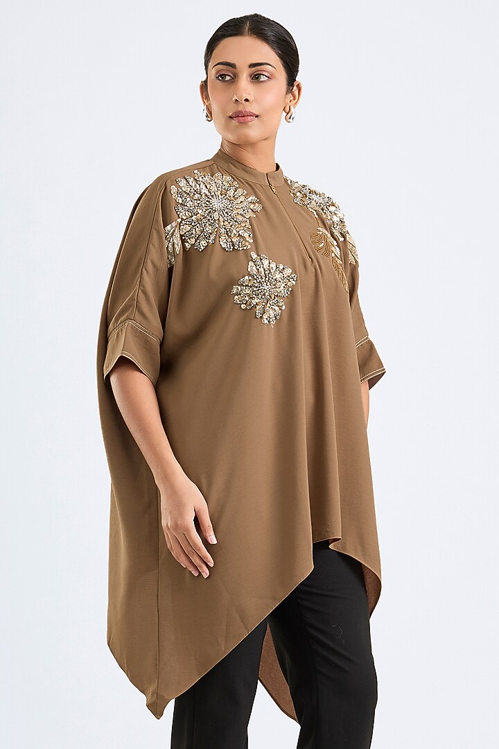Khaki Twill Georgette Tunic by Namrata Joshipura at Pernia's Pop Up Shop