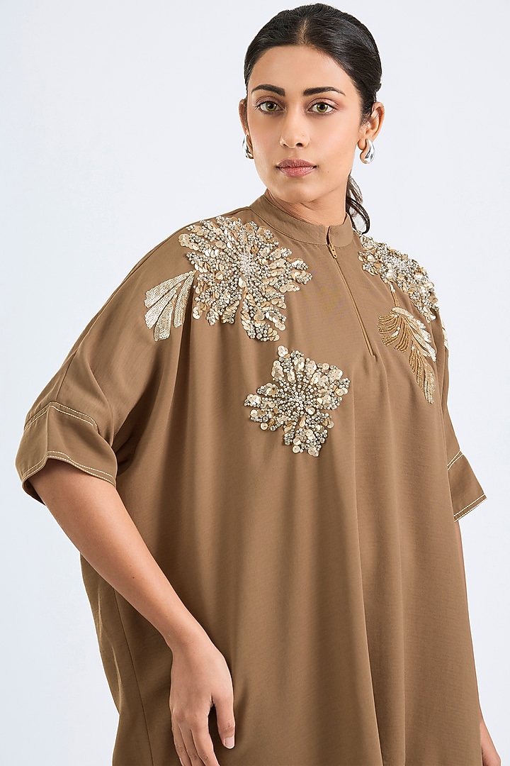 Khaki Twill Georgette Tunic by Namrata Joshipura at Pernia's Pop Up Shop