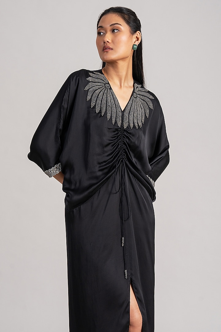 Black Cupro Satin Draped Midi Cocktail Dress by Namrata Joshipura at Pernia's Pop Up Shop