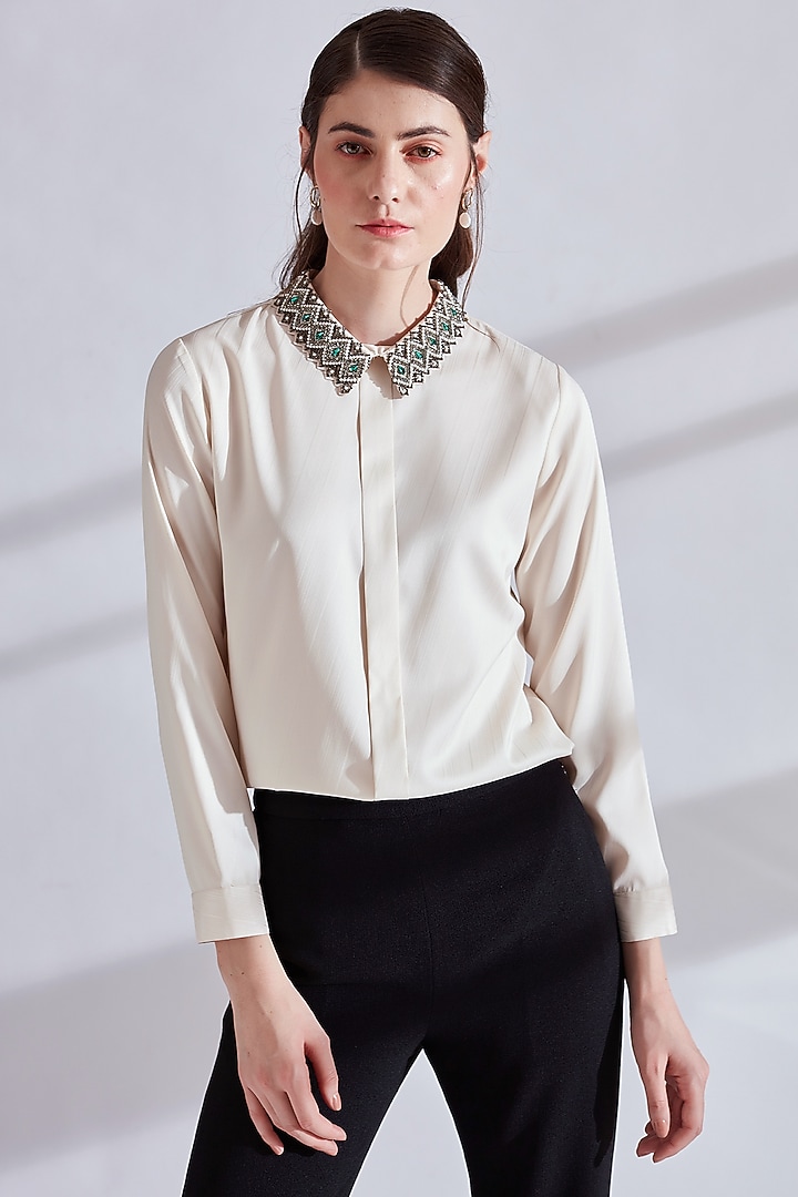 Ivory Hand Embellished Textured Top by Namrata Joshipura at Pernia's Pop Up Shop