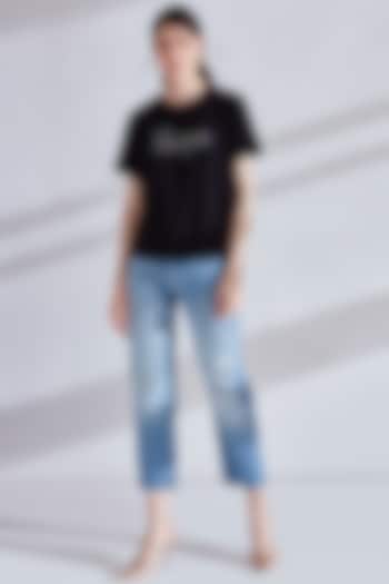 Black Embellished Slogan T-Shirt by Namrata Joshipura at Pernia's Pop Up Shop