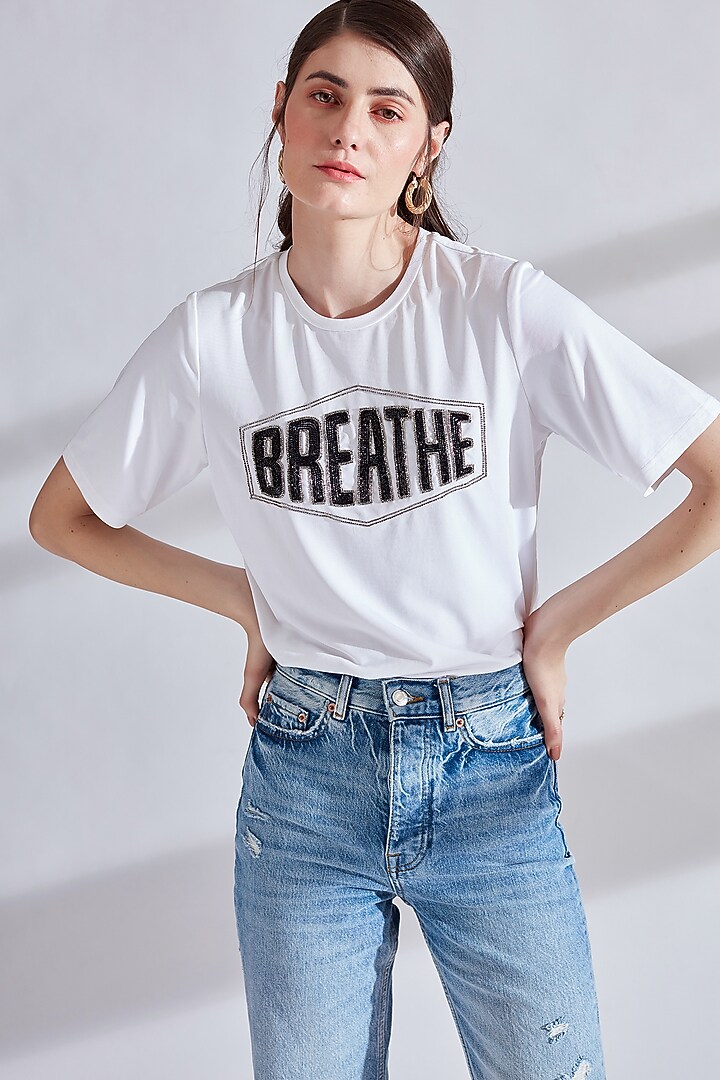 Ivory Embellished T-Shirt by Namrata Joshipura at Pernia's Pop Up Shop