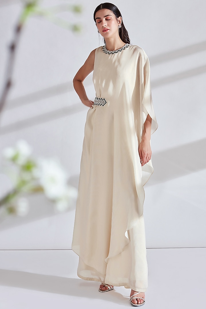 Ivory Embellished Cape Jumpsuit by Namrata Joshipura at Pernia's Pop Up Shop