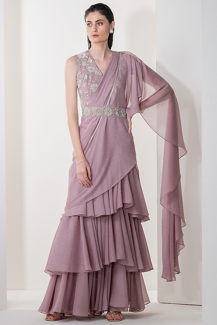 Lilac Draped Saree Set With Belt by Namrata Joshipura