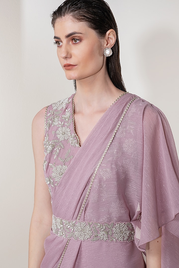 Lilac Draped Wedding Saree Set With Belt by Namrata Joshipura at Pernia's Pop Up Shop