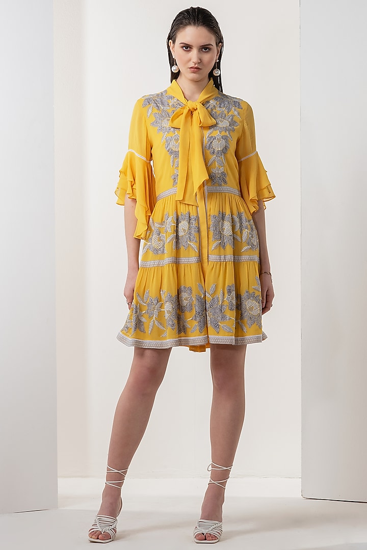 Canary Yellow Georgette Embellished Dress by Namrata Joshipura