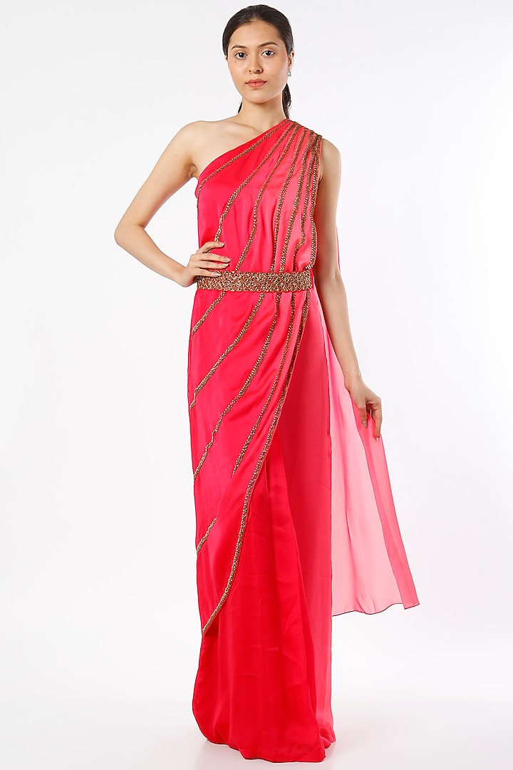 Fuchsia Hand Embellished One-Shoulder Dress by Namrata Joshipura