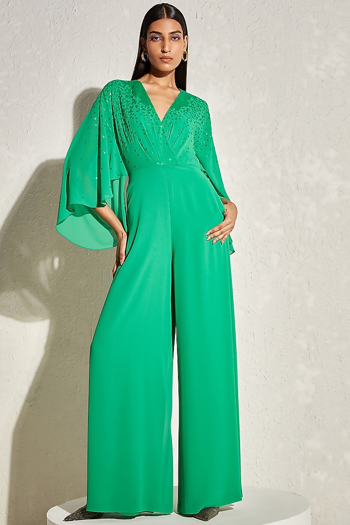 Green Georgette Embellished Jumpsuit by Namrata Joshipura at Pernia's Pop Up Shop