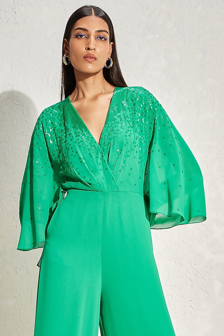 Green Georgette Embellished Jumpsuit by Namrata Joshipura at Pernia's Pop Up Shop