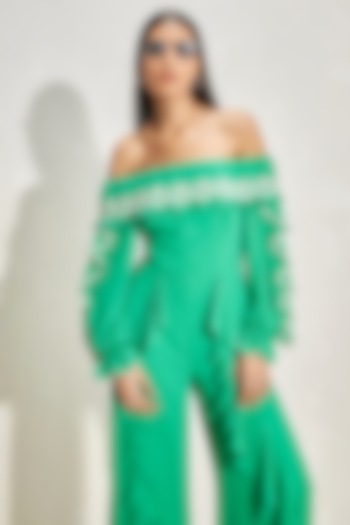 Green Georgette Embellished Scalloped Jumpsuit by Namrata Joshipura