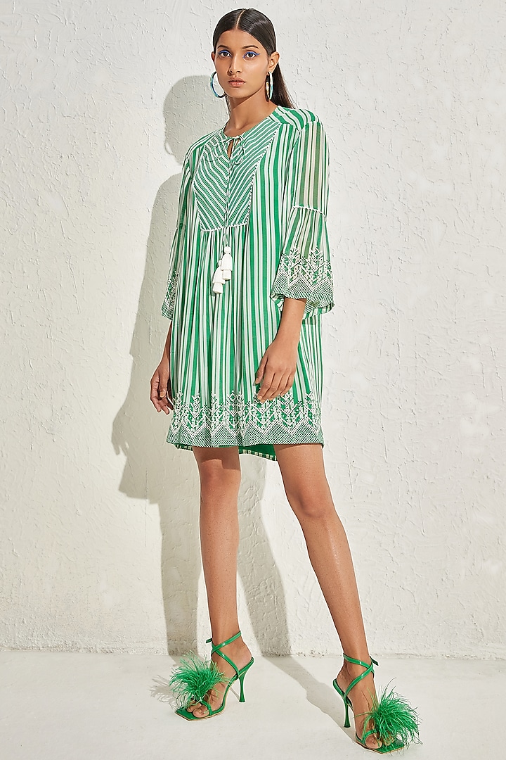 Kelly Green Georgette Striped & Embellished Dress by Namrata Joshipura
