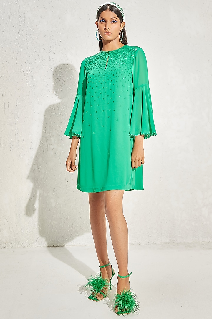 Kelly Green Georgette Embellished Dress by Namrata Joshipura