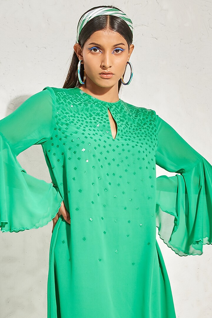 Kelly Green Georgette Embellished Vacation Dress by Namrata Joshipura at Pernia's Pop Up Shop