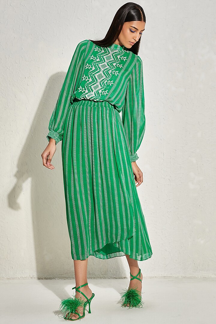 Kelly Green Georgette Striped & Embellished Dress by Namrata Joshipura