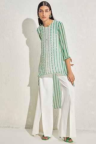 Kelly Green Georgette Striped & Embellished Tunic by Namrata Joshipura