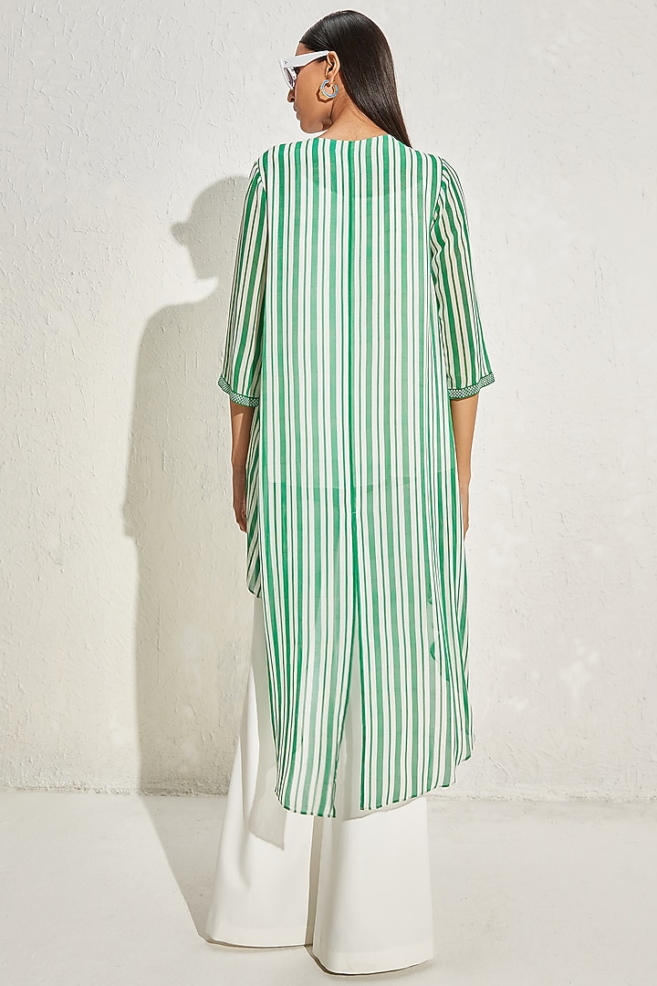 Kelly Green Georgette Striped & Embellished Tunic by Namrata Joshipura at Pernia's Pop Up Shop
