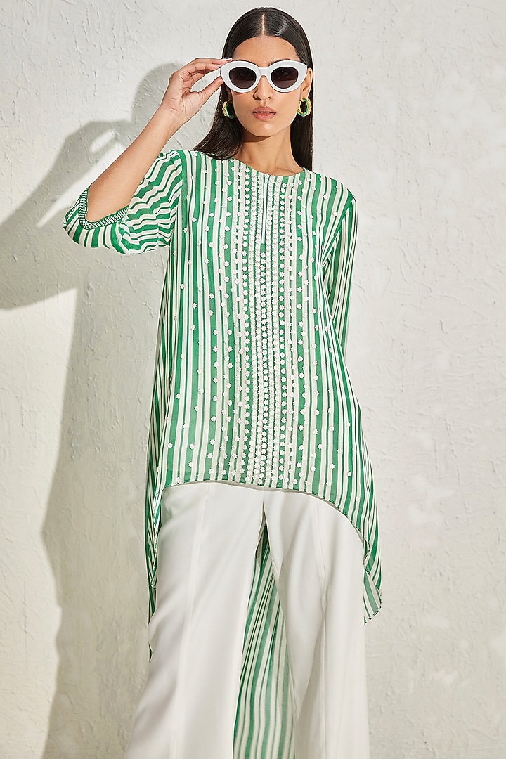 Kelly Green Georgette Striped & Embellished Tunic by Namrata Joshipura at Pernia's Pop Up Shop