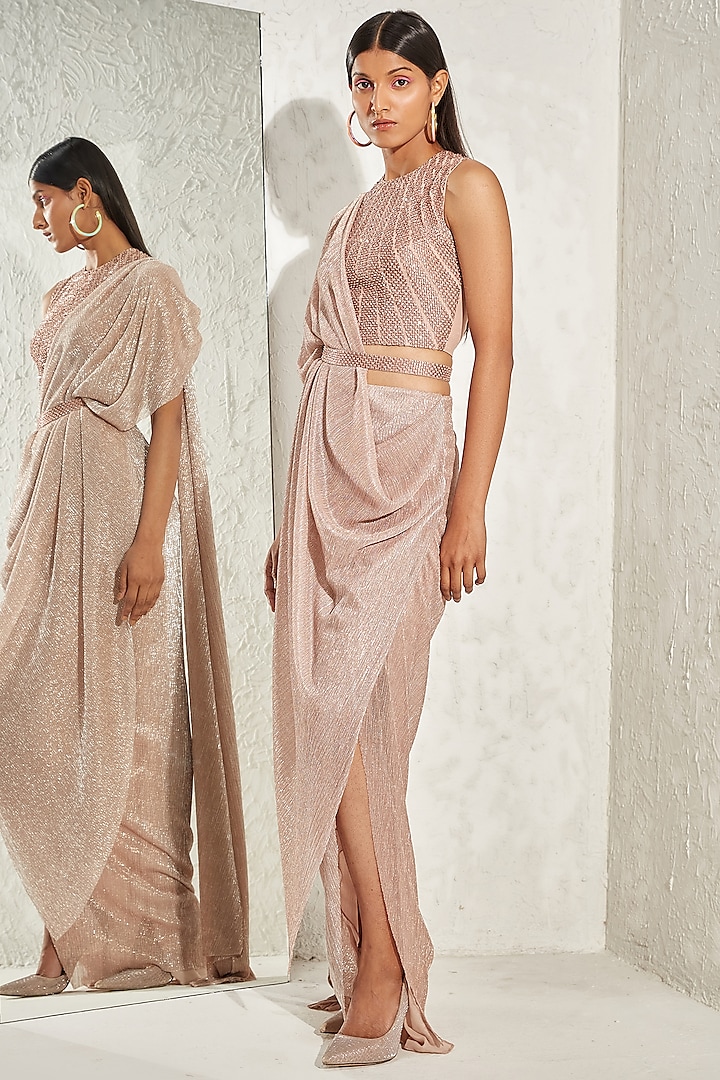 Rose Gold Shimmer Crepe Geometric Embellished Draped Saree Set by Namrata Joshipura