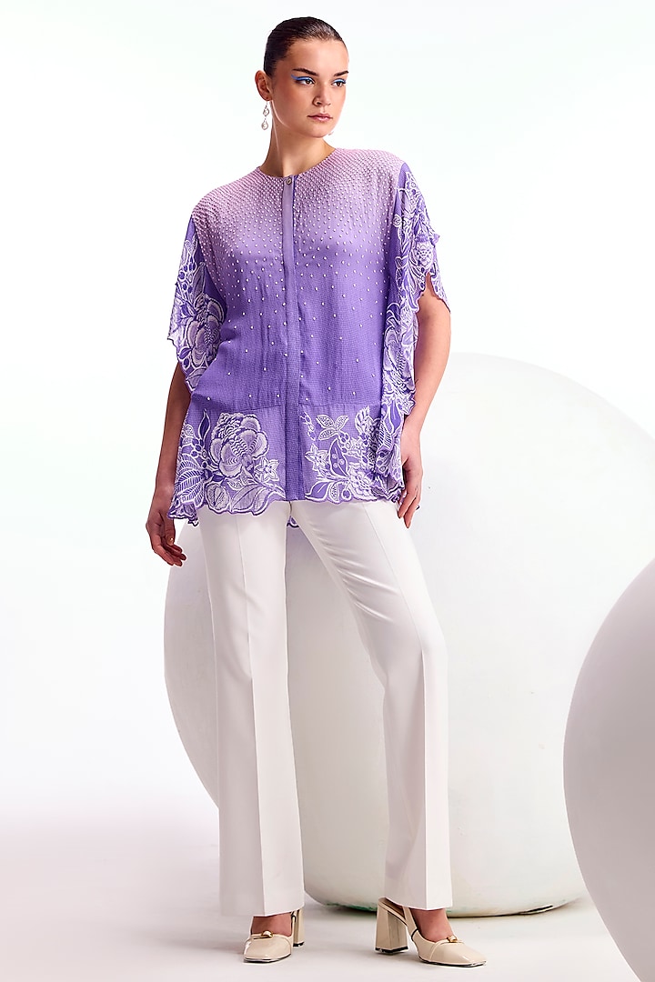 Orchid Textured Georgette Hand & Machine Embellished Scalloped Top by Namrata Joshipura
