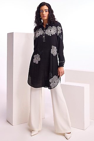 Black Linen Crepe Machine & Hand Embellished Long Tunic by Namrata Joshipura