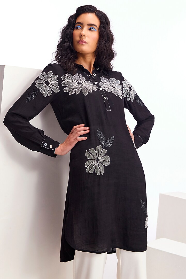 Black Linen Crepe Machine & Hand Embellished Long Tunic by Namrata Joshipura at Pernia's Pop Up Shop