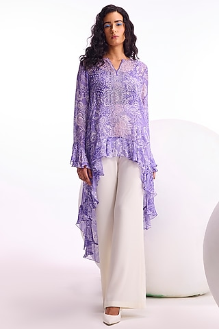 Orchid Georgette Geometric Hand Embellished & Printed Frilled Tunic by Namrata Joshipura