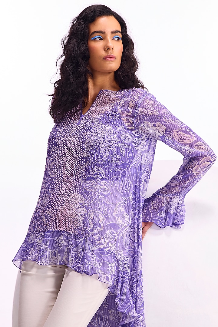 Orchid Georgette Geometric Hand Embellished & Printed Frilled Tunic by Namrata Joshipura at Pernia's Pop Up Shop