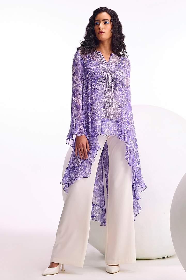 Orchid Georgette Geometric Hand Embellished & Printed Frilled Tunic by Namrata Joshipura at Pernia's Pop Up Shop
