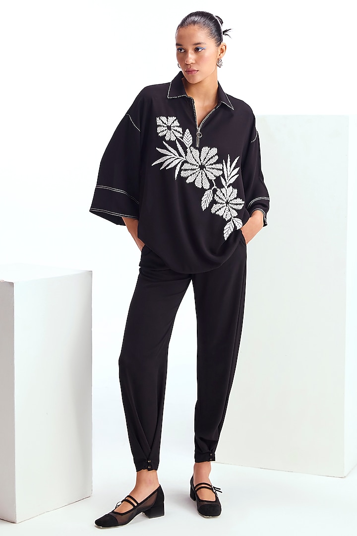 Black Textured Crepe Floral Embellished Co-Ord Set by Namrata Joshipura