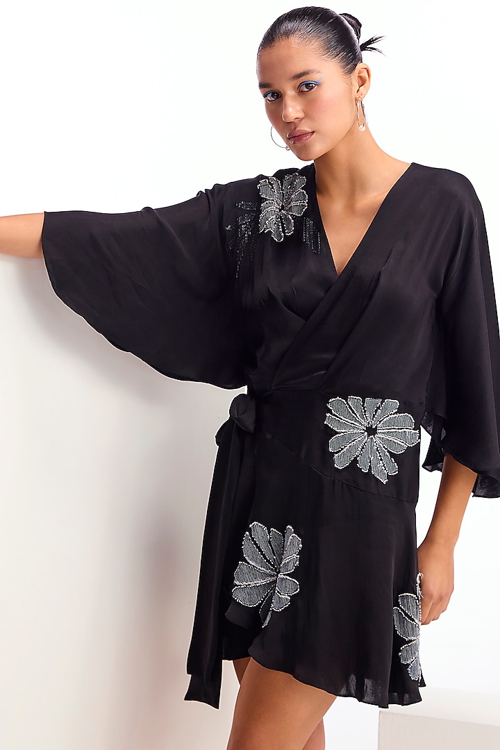 Black Cupro Satin Hand & Machine Embellished Dress by Namrata Joshipura