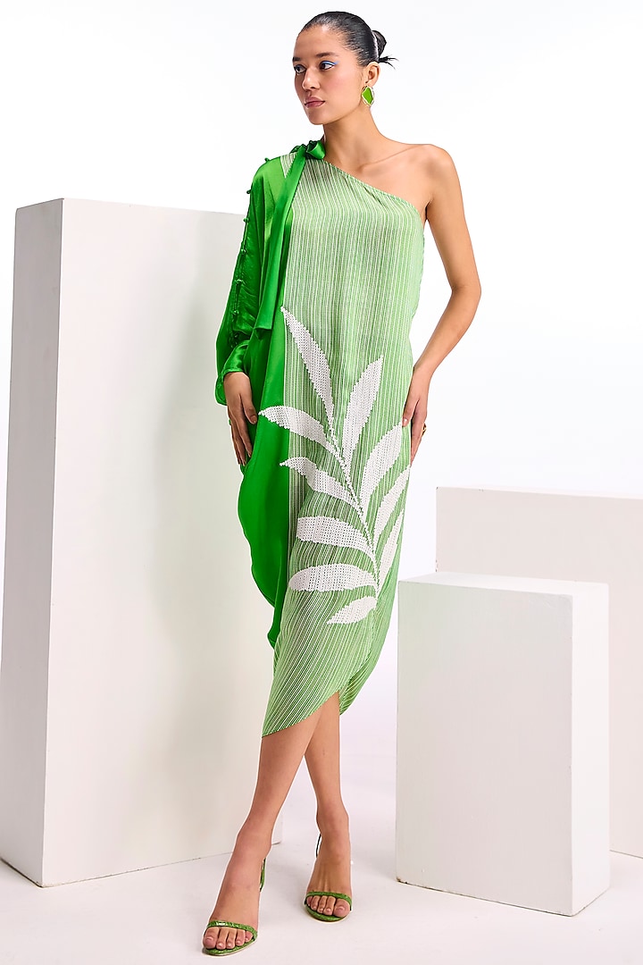 Pear Green Cupro Satin Hand Embellished Striped Dress by Namrata Joshipura