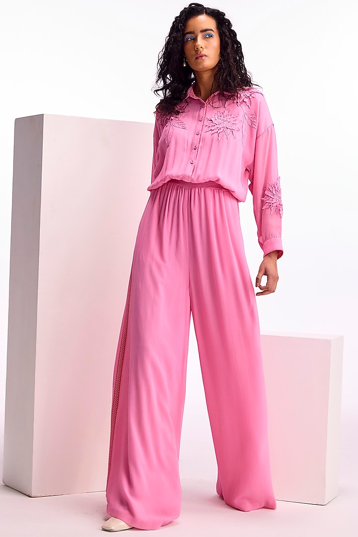 Blush Pink Textured Georgette Hand & Machine Embellished Jumpsuit by Namrata Joshipura