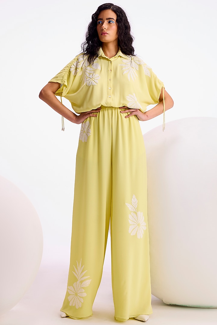 Canary Yellow Textured Crepe Hand & Machine Embellished Jumpsuit by Namrata Joshipura