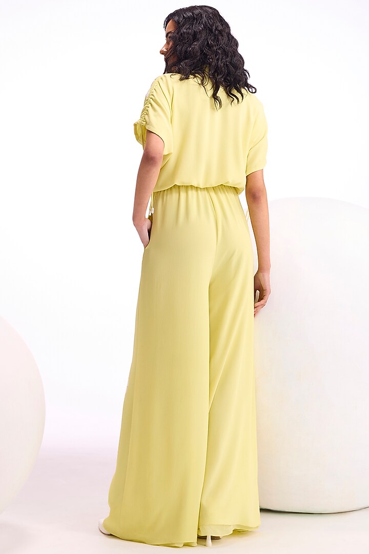 Canary Yellow Textured Crepe Hand & Machine Embellished Jumpsuit by Namrata Joshipura at Pernia's Pop Up Shop