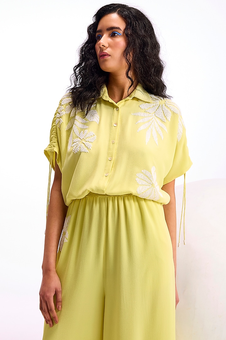 Canary Yellow Textured Crepe Hand & Machine Embellished Jumpsuit by Namrata Joshipura at Pernia's Pop Up Shop