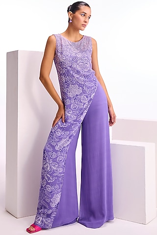 Orchid Georgette Hand Embellished Asymmetric Jumpsuit by Namrata Joshipura