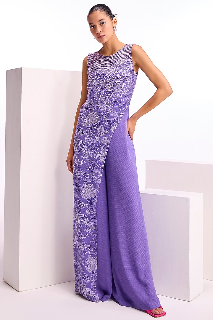 Orchid Georgette Hand Embellished Asymmetric Jumpsuit by Namrata Joshipura at Pernia's Pop Up Shop