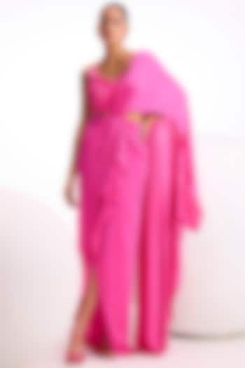 Fuchsia Pink Viscose Satin Hand Embellished Draped Saree Set by Namrata Joshipura